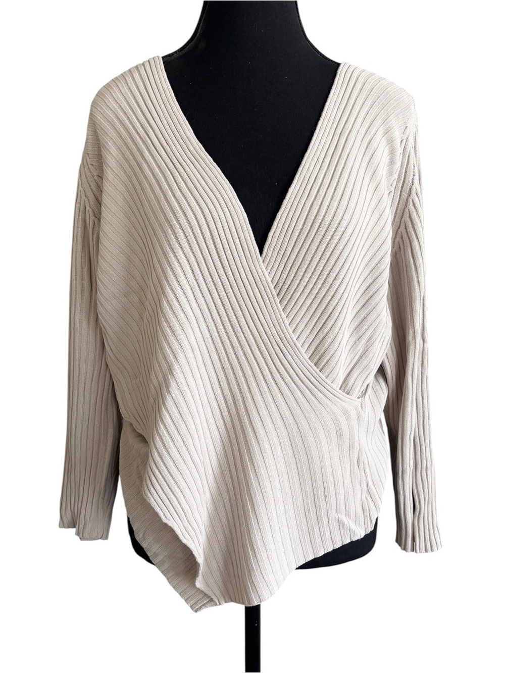 Vintage V‑Neck Ribbed Wrap Crossover Sweater Cream